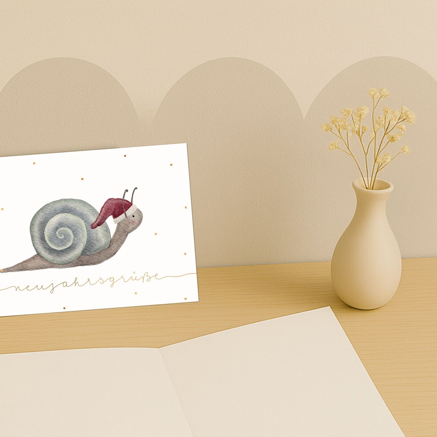 Neujahrskarten 10er Set – Kleine Schnecke mit Weihnachtsmütze | handillustrierte Grußkarten A6/A5 | Motiv „Neujahrsgrüße“