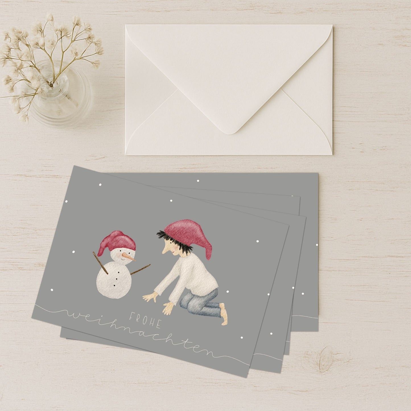 Weihnachtskarten Set 10 Stück – "Wichtel & Schneemann" | handillustrierte Grußkarten/Postkarten A5/A6 | Frohe Weihnachten