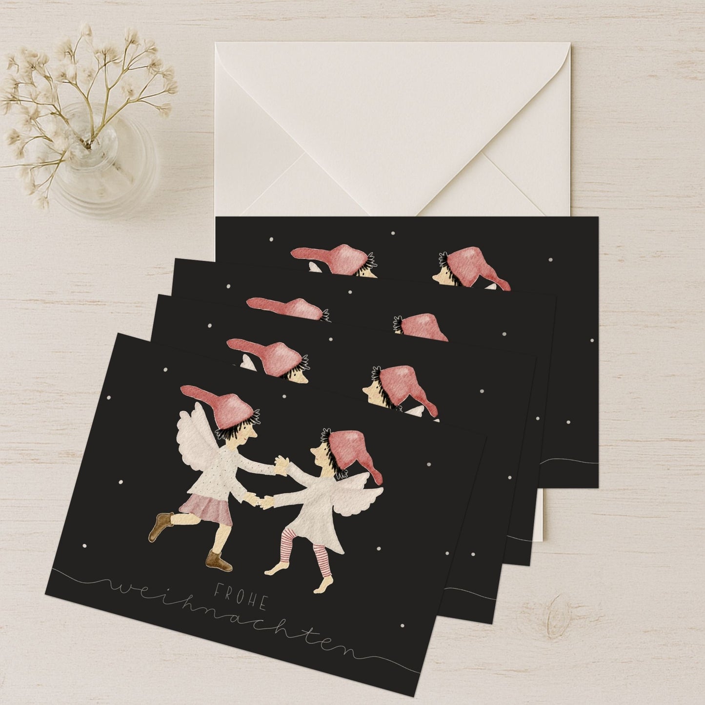 Weihnachtskarten Set 10 Stück  – "tanzende Wichtel" | handillustrierte Grußkarten A6/A5 | Postkarten „Frohe Weihnachten“