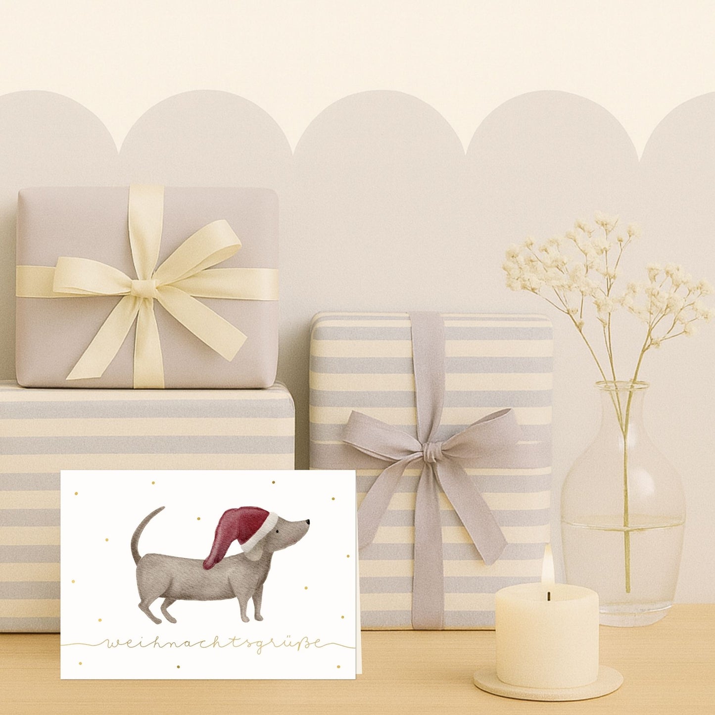 Weihnachtskarten Set 10 Stück – "Dackel mit Weihnachtsmütze" | Grußkarten Weihnachten Hund A6/A5 | Weihnachtsgrüße