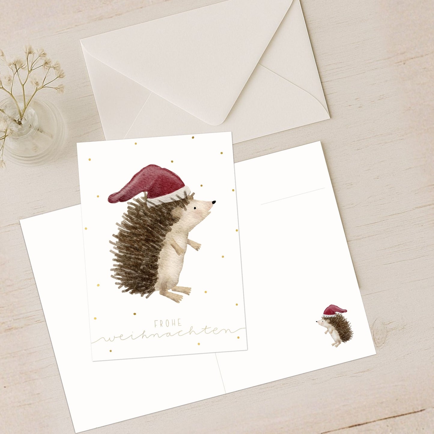 Weihnachtskarten Set 10 Stück  – Igel mit Weihnachtsmütze | liebevoll illustrierte Grußkarten A5/A6 | Motiv „Frohe Weihnachten“