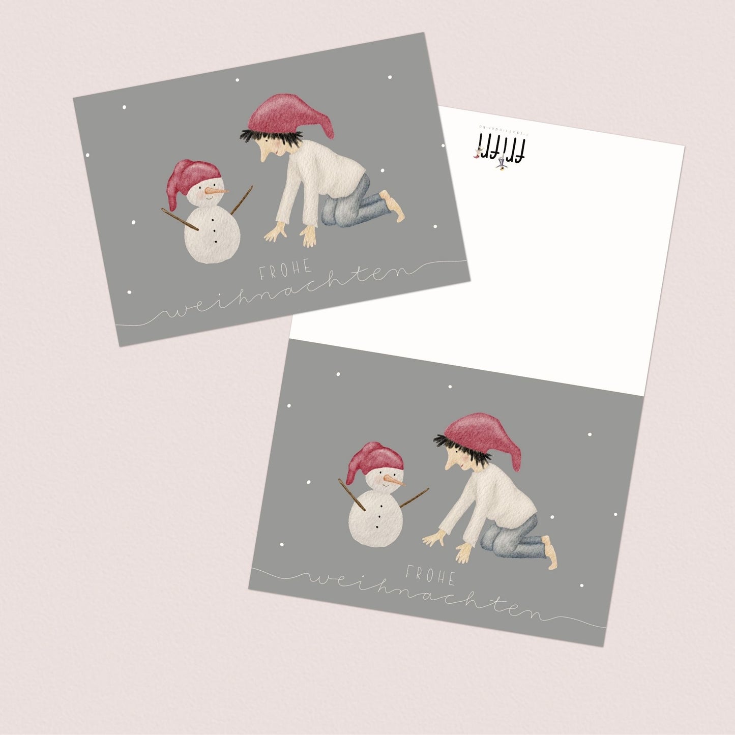 Weihnachtskarten Set 10 Stück – "Wichtel & Schneemann" | handillustrierte Grußkarten/Postkarten A5/A6 | Frohe Weihnachten