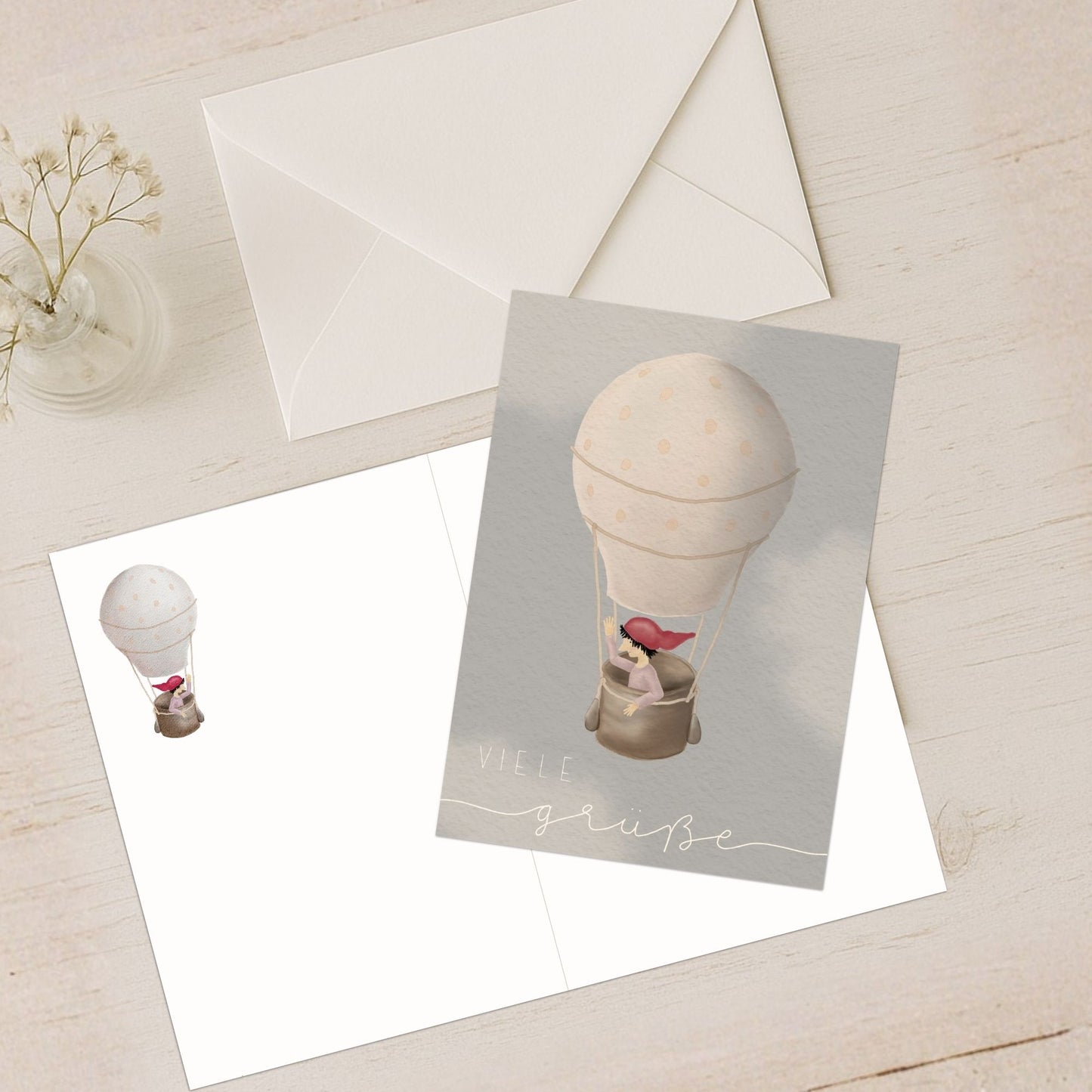 Grußkarten Set 10 Stück – "Zwerg auf Ballonfahrt" | liebevoll illustrierte Postkarten A5/A6 | Motiv „Viele Grüße“
