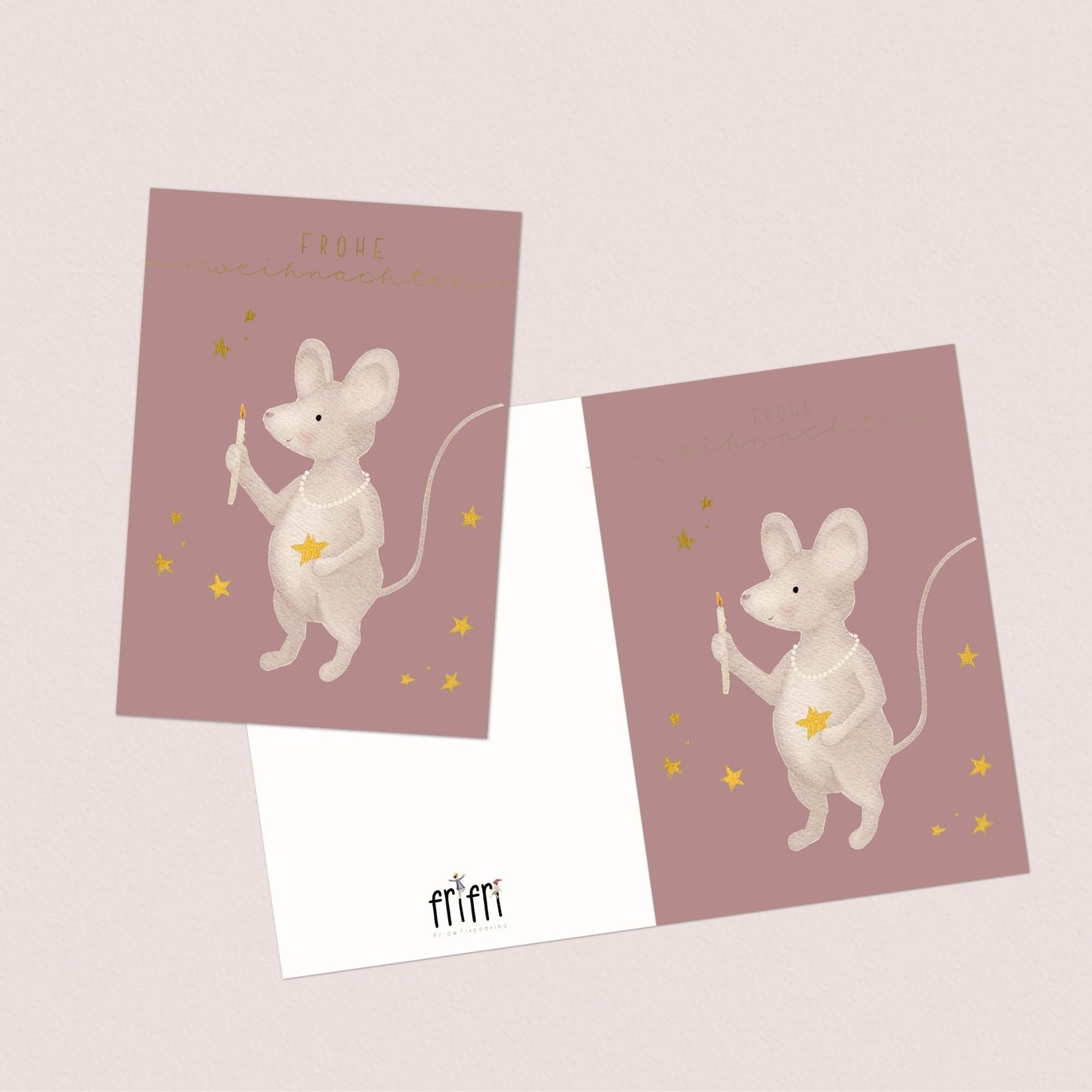 Weihnachtskarten Set 10 Stück – kleine "Weihnachtsmaus mit Kerze" | liebevoll illustrierte Grußkarten A5/A6 | „Frohe Weihnachten“