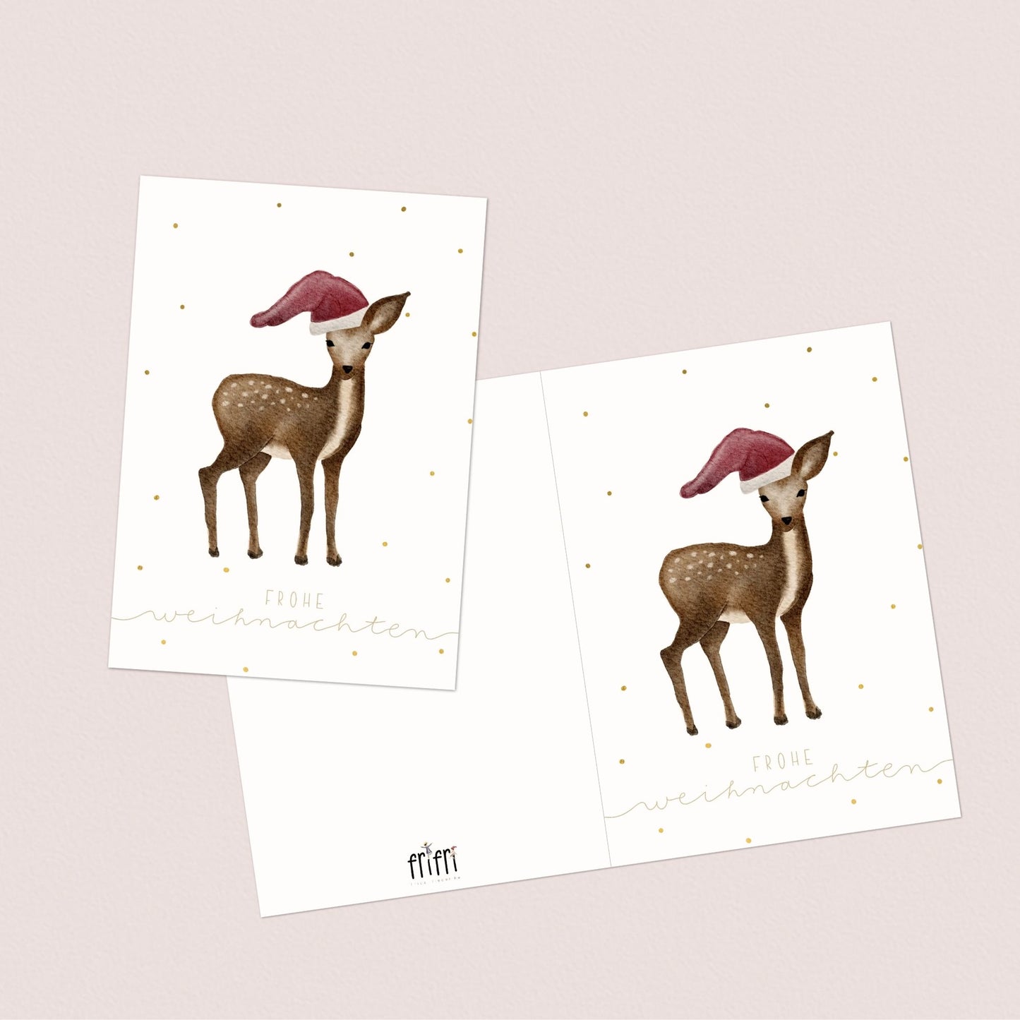Weihnachtskarten Set 10 Stück – Kleines Reh mit Weihnachtsmütze | handillustrierte Grußkarten A5/A6 | Motiv „Frohe Weihnachten“