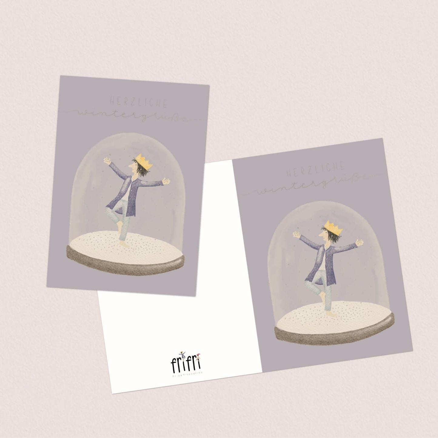 Winterkarten Set 10 Stück – "Kleiner König in Schneekugel" | handillustrierte Grußkarten A5/A6 | „Herzliche Wintergrüße“
