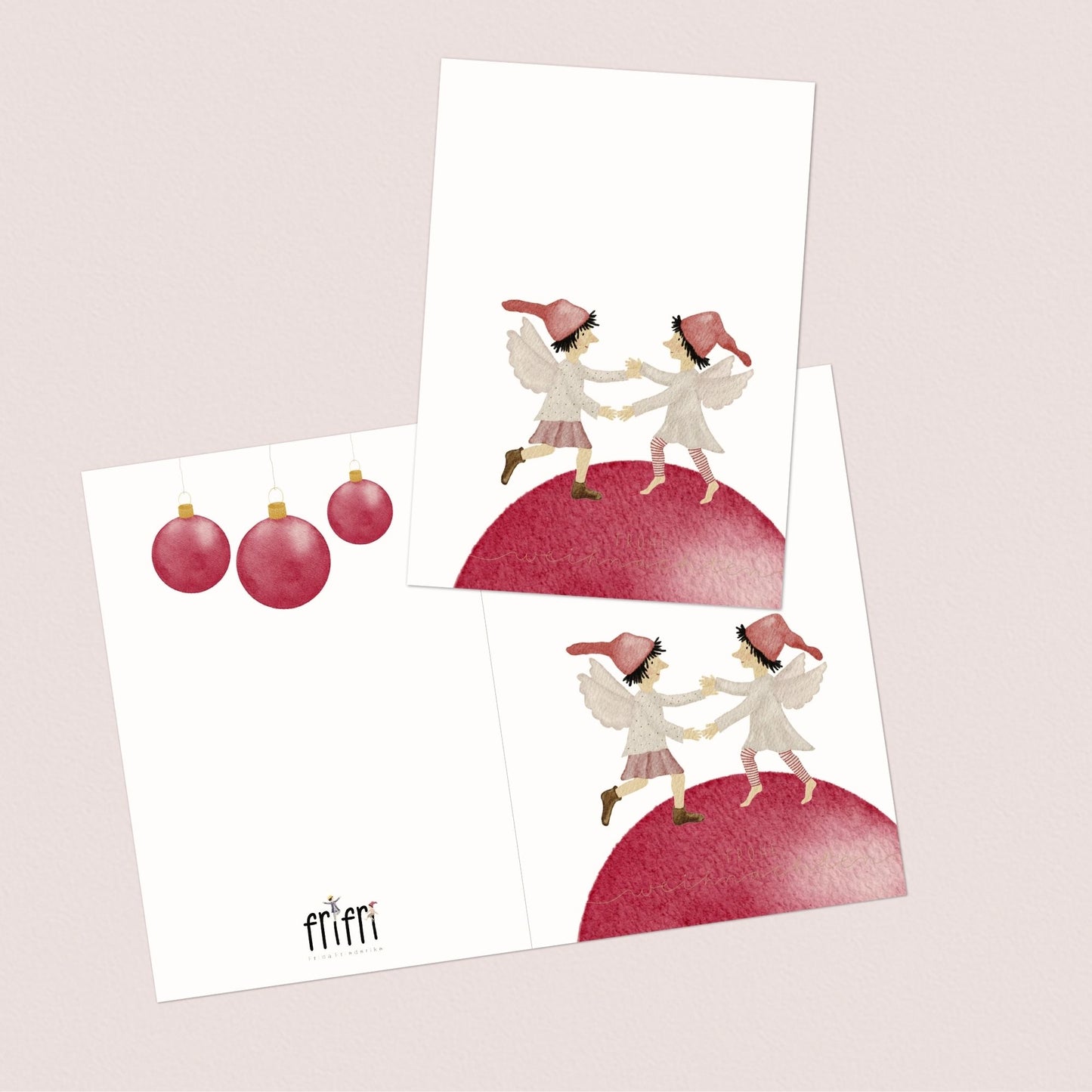 Weihnachtskarten Set 10 Stück – Tanzende Weihnachtselfen auf Christbaumkugel | handillustrierte Grußkarten A6/A5 | Motiv „Frohe Weihnachten“