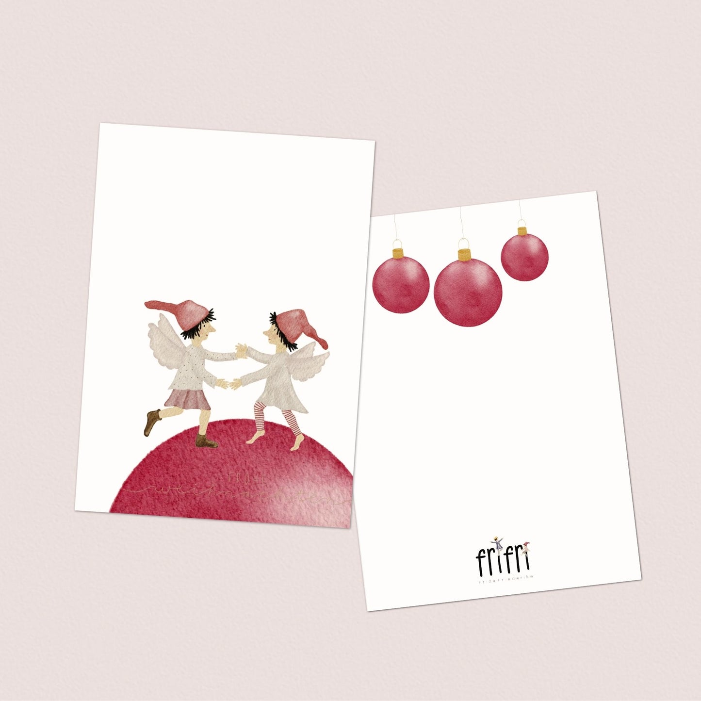 Weihnachtskarten Set 10 Stück – Tanzende Weihnachtselfen auf Christbaumkugel | handillustrierte Grußkarten A6/A5 | Motiv „Frohe Weihnachten“