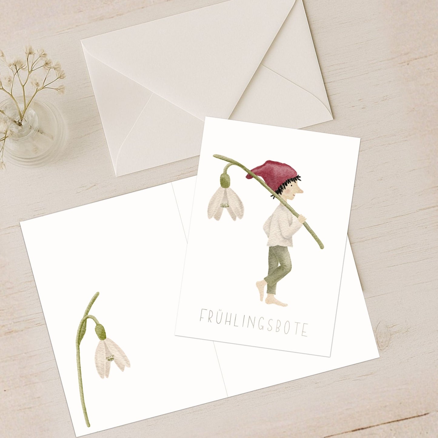 Karten 10er Set "Frühlingsbote" – Grußkarten A6/A5 mit kleinem Zwerg und Schneeglöckchen