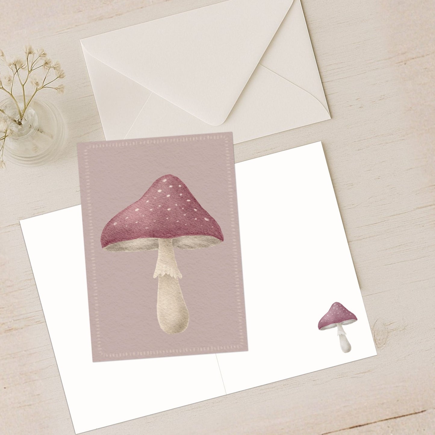 Grußkarten Set 10 Stück – "zarter Fliegenpilz" altrosa | handillustrierte Postkarten A6/A5 | Waldmotiv & Glückwünsche
