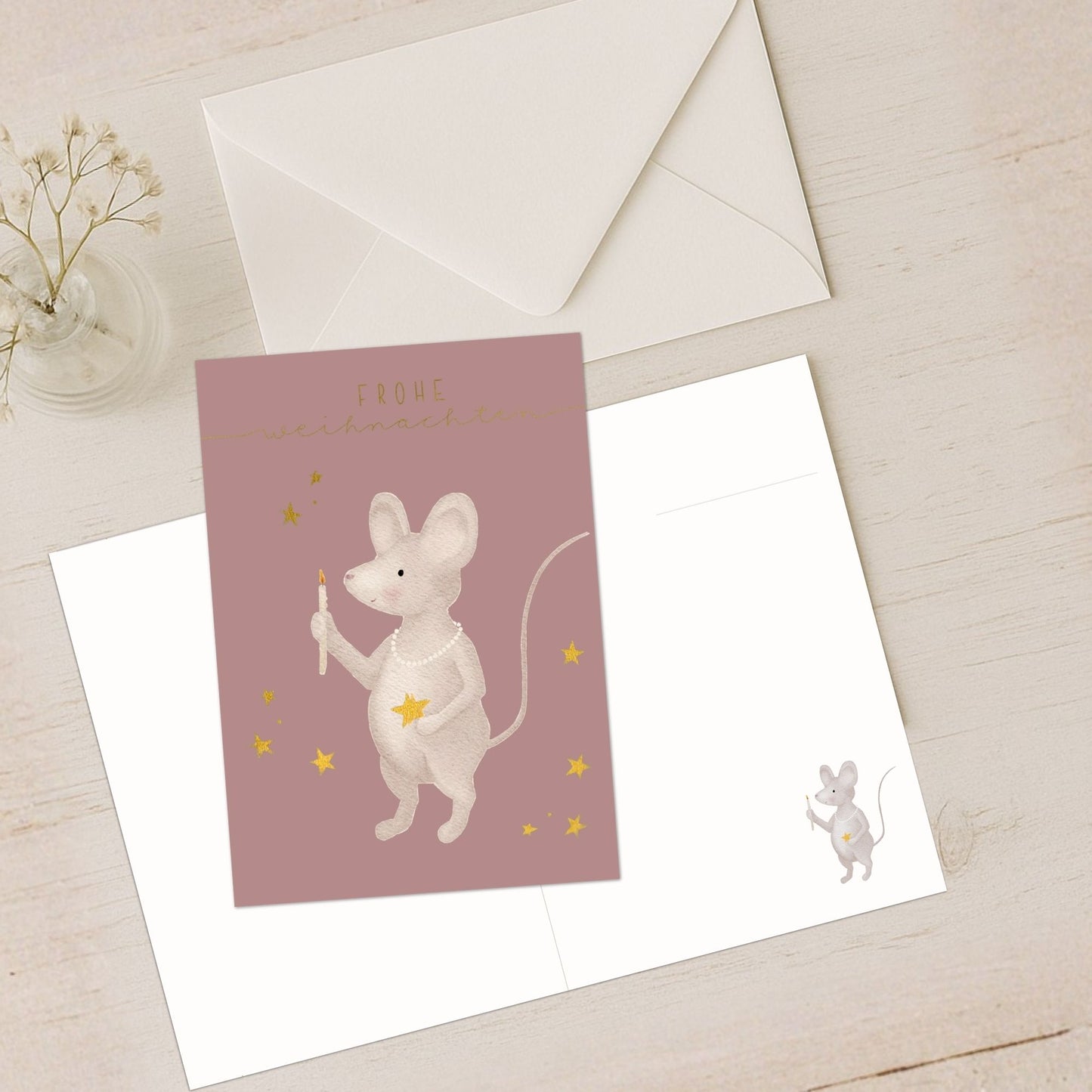 Weihnachtskarten Set 10 Stück – kleine "Weihnachtsmaus mit Kerze" | liebevoll illustrierte Grußkarten A5/A6 | „Frohe Weihnachten“