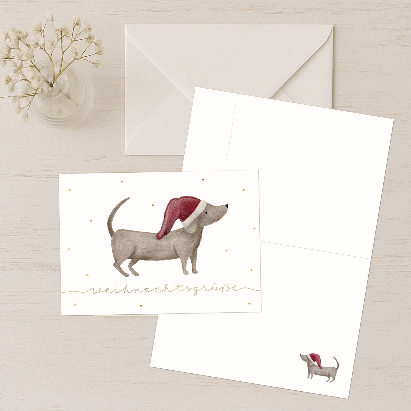 Weihnachtskarten Set 10 Stück – "Dackel mit Weihnachtsmütze" | Grußkarten Weihnachten Hund A6/A5 | Weihnachtsgrüße