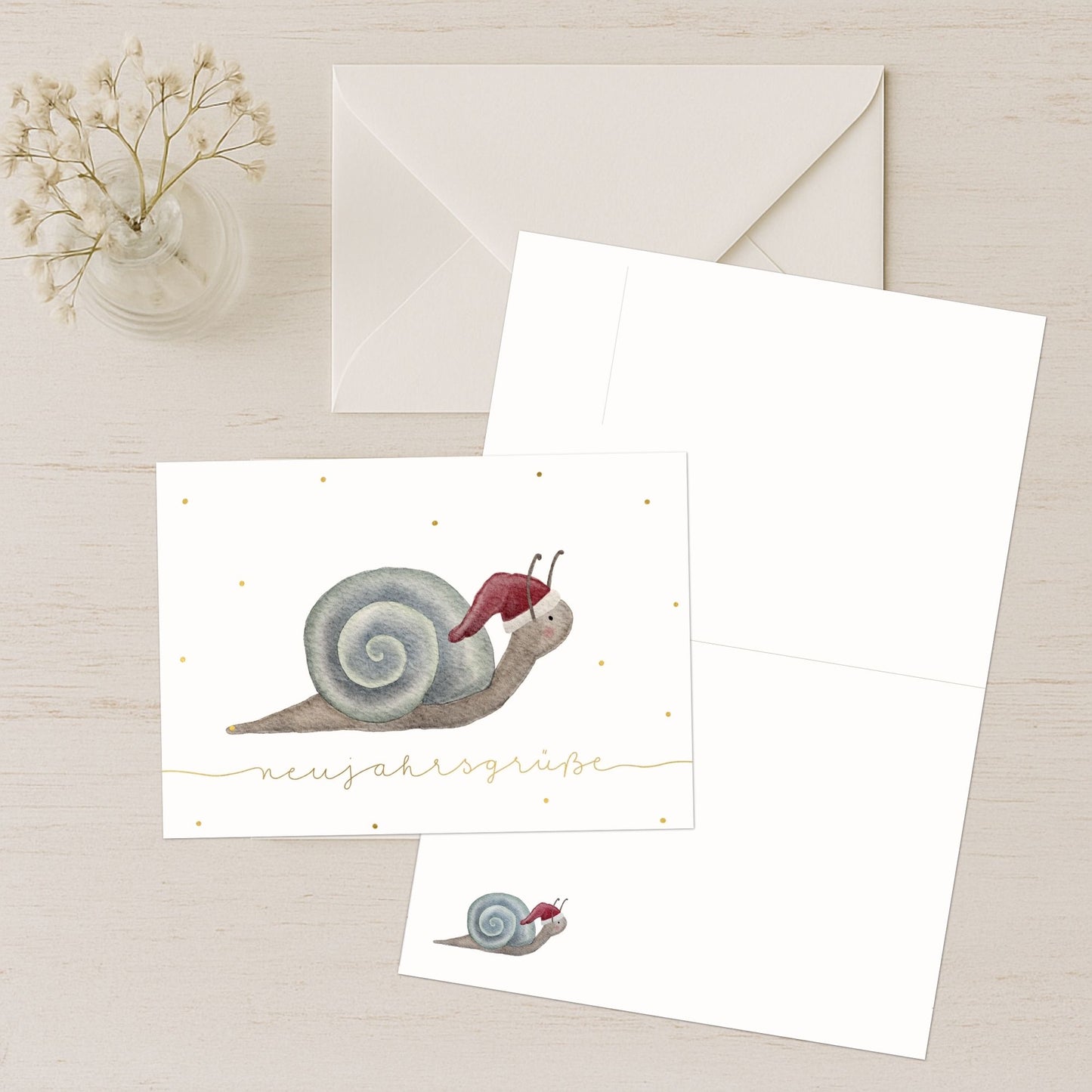 Neujahrskarten 10er Set – Kleine Schnecke mit Weihnachtsmütze | handillustrierte Grußkarten A6/A5 | Motiv „Neujahrsgrüße“