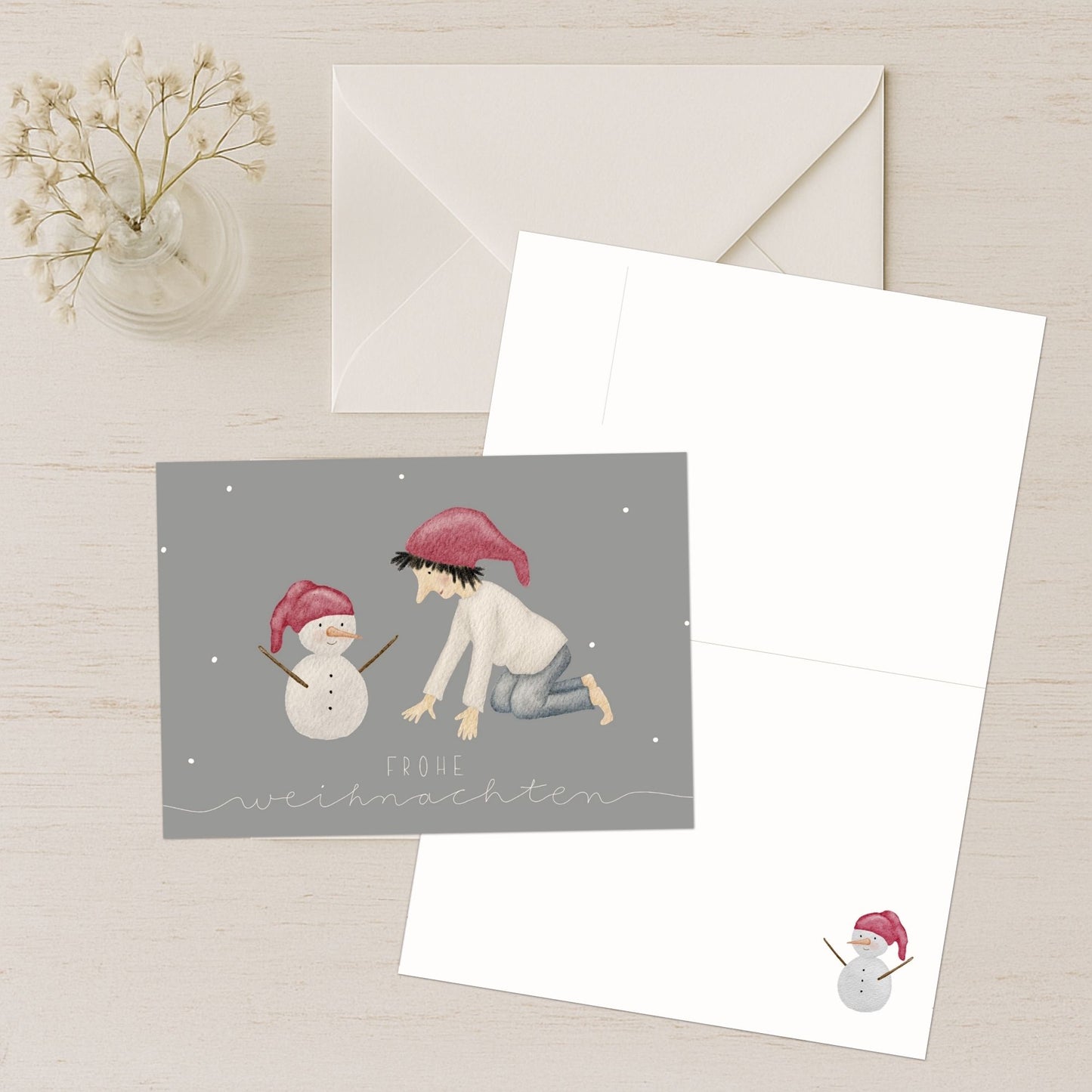 Weihnachtskarten Set 10 Stück – "Wichtel & Schneemann" | handillustrierte Grußkarten/Postkarten A5/A6 | Frohe Weihnachten