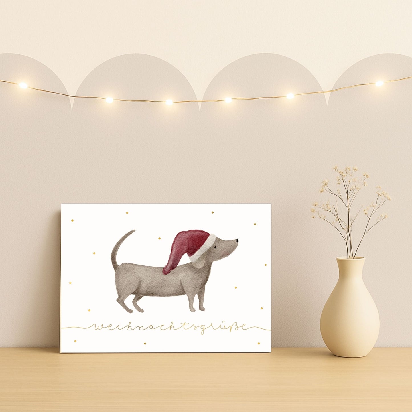 Weihnachtskarten Set 10 Stück – "Dackel mit Weihnachtsmütze" | Grußkarten Weihnachten Hund A6/A5 | Weihnachtsgrüße