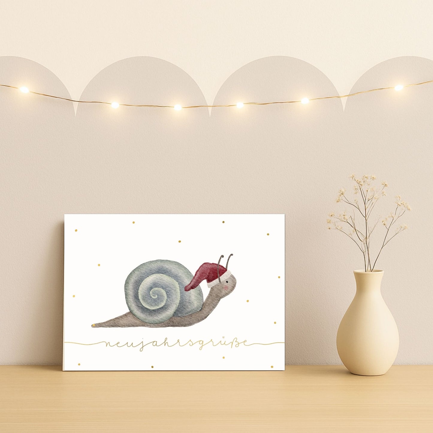 Neujahrskarten 10er Set – Kleine Schnecke mit Weihnachtsmütze | handillustrierte Grußkarten A6/A5 | Motiv „Neujahrsgrüße“