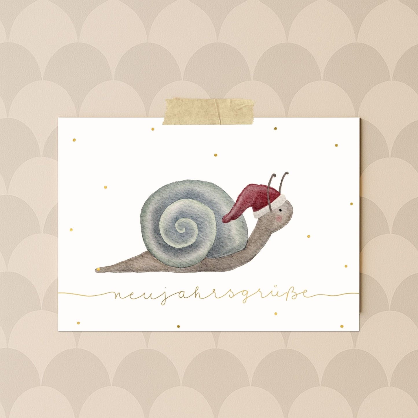 Neujahrskarten 10er Set – Kleine Schnecke mit Weihnachtsmütze | handillustrierte Grußkarten A6/A5 | Motiv „Neujahrsgrüße“