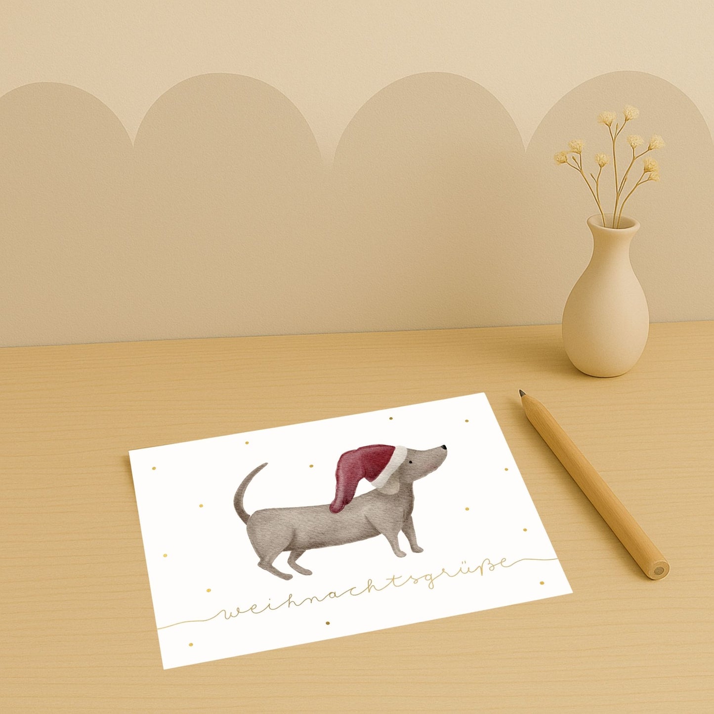 Weihnachtskarten Set 10 Stück – "Dackel mit Weihnachtsmütze" | Grußkarten Weihnachten Hund A6/A5 | Weihnachtsgrüße