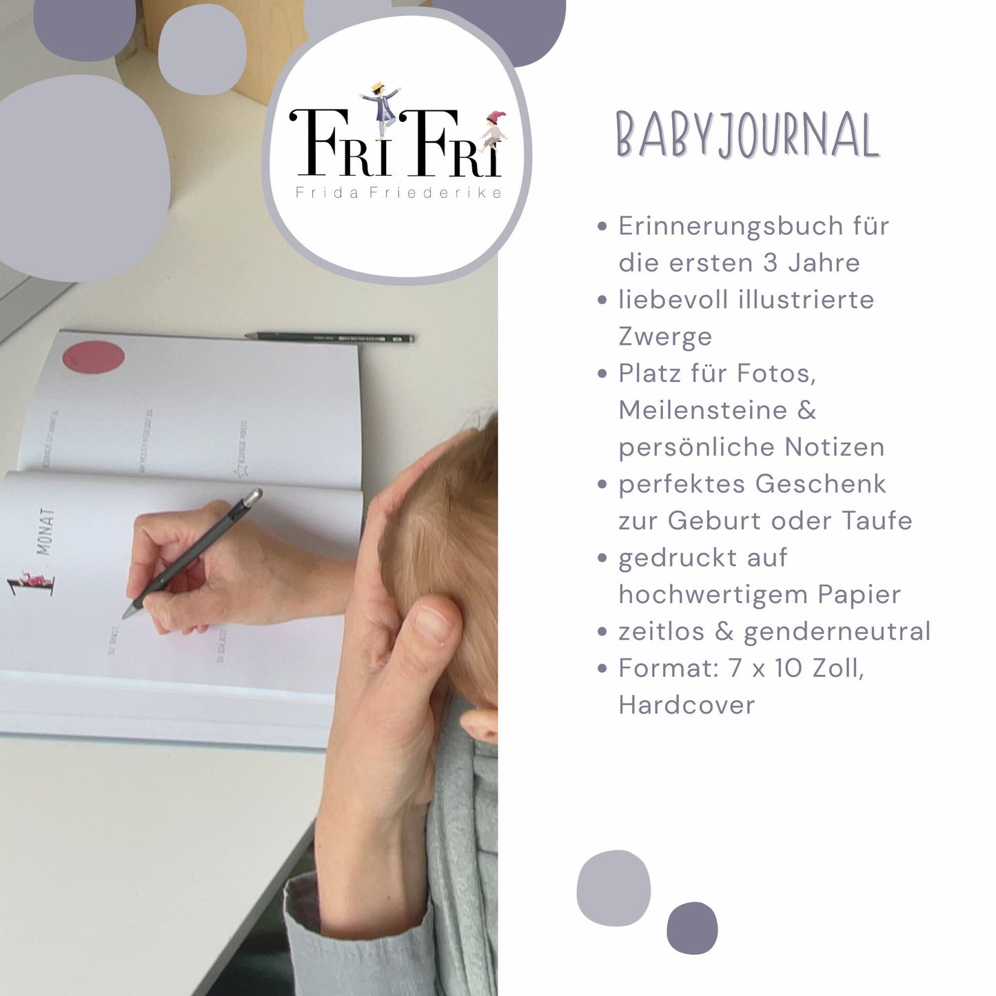 Baby Erinnerungsbuch handillustriert Zwergendesign | Babyalbum 0–3 Jahre Hardcover | Geschenk zur Geburt & Taufe | Aquarell Ausfüllalbum
