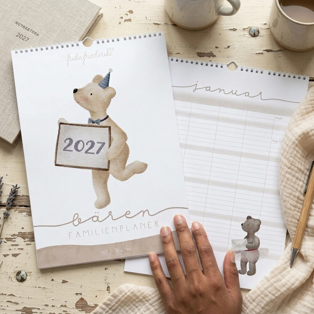 Handillustriertes Bärenmotiv im Familienplaner 2027