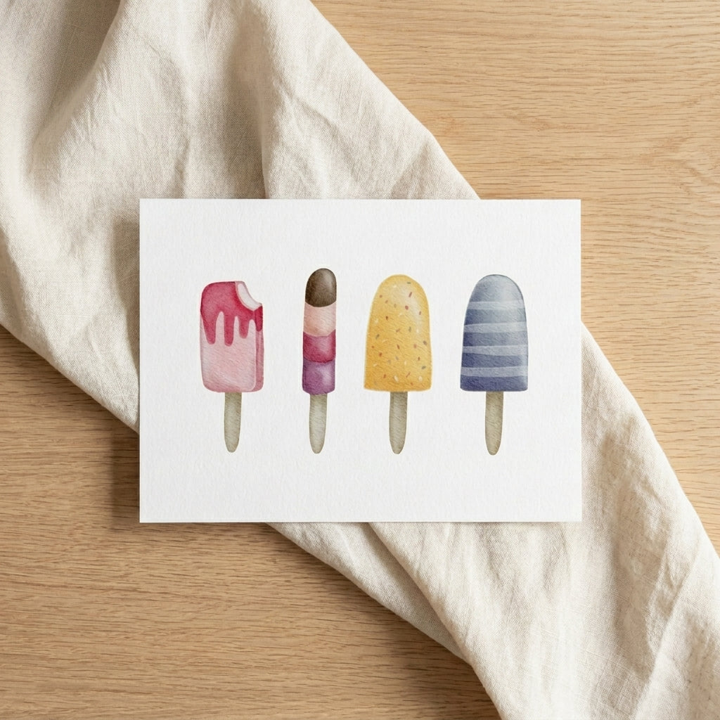 Eis am Stiel Grußkarte als Flatlay mit sommerlicher Papeterie