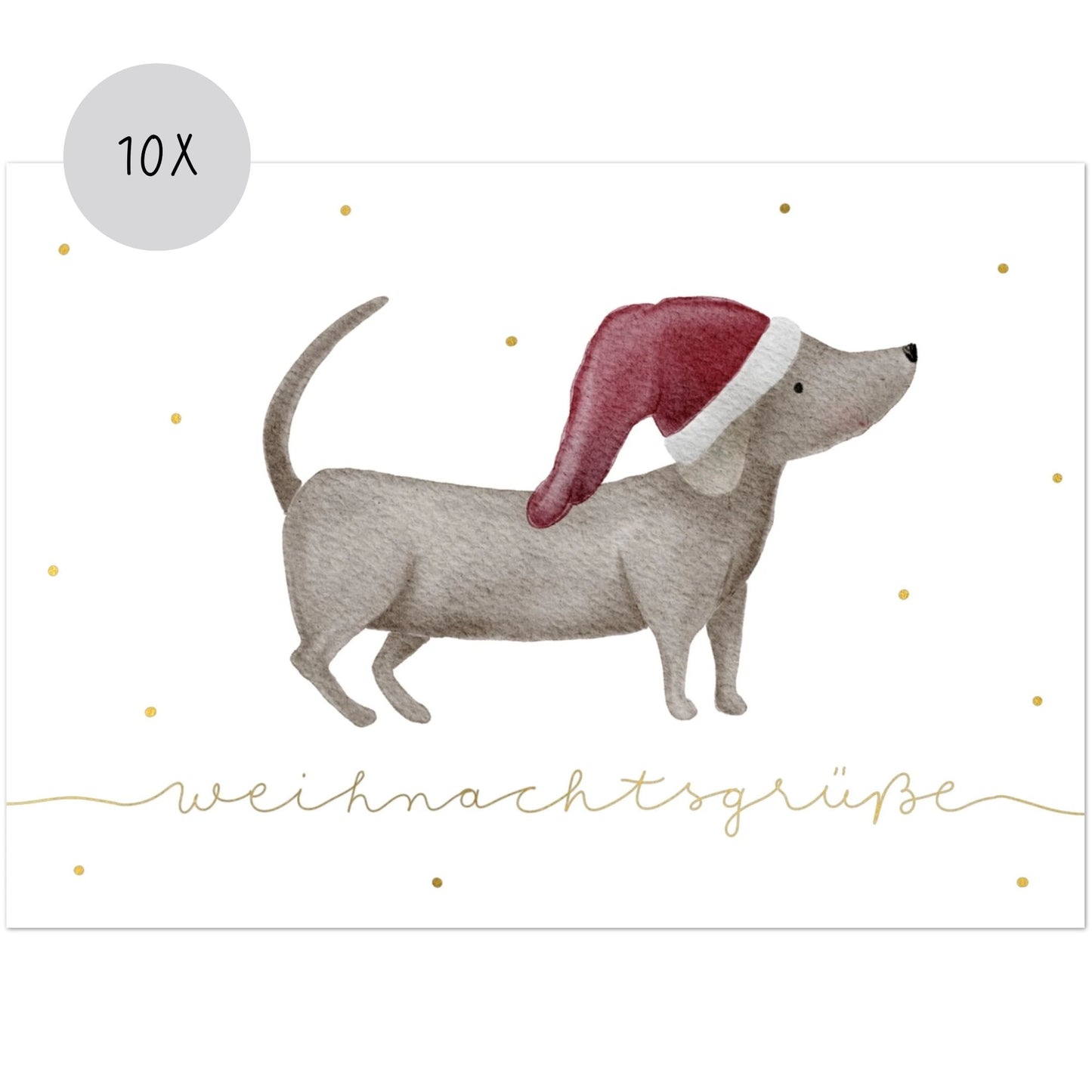 Weihnachtskarten Set 10 Stück – "Dackel mit Weihnachtsmütze" | Grußkarten Weihnachten Hund A6/A5 | Weihnachtsgrüße