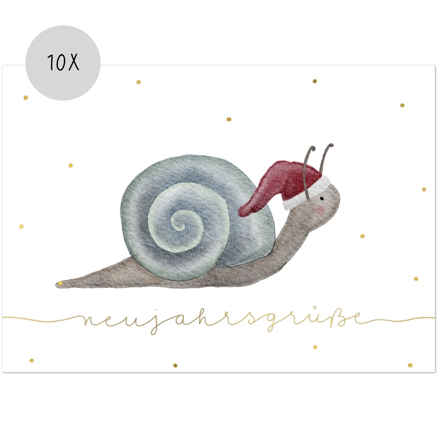 Neujahrskarten 10er Set – Kleine Schnecke mit Weihnachtsmütze | handillustrierte Grußkarten A6/A5 | Motiv „Neujahrsgrüße“