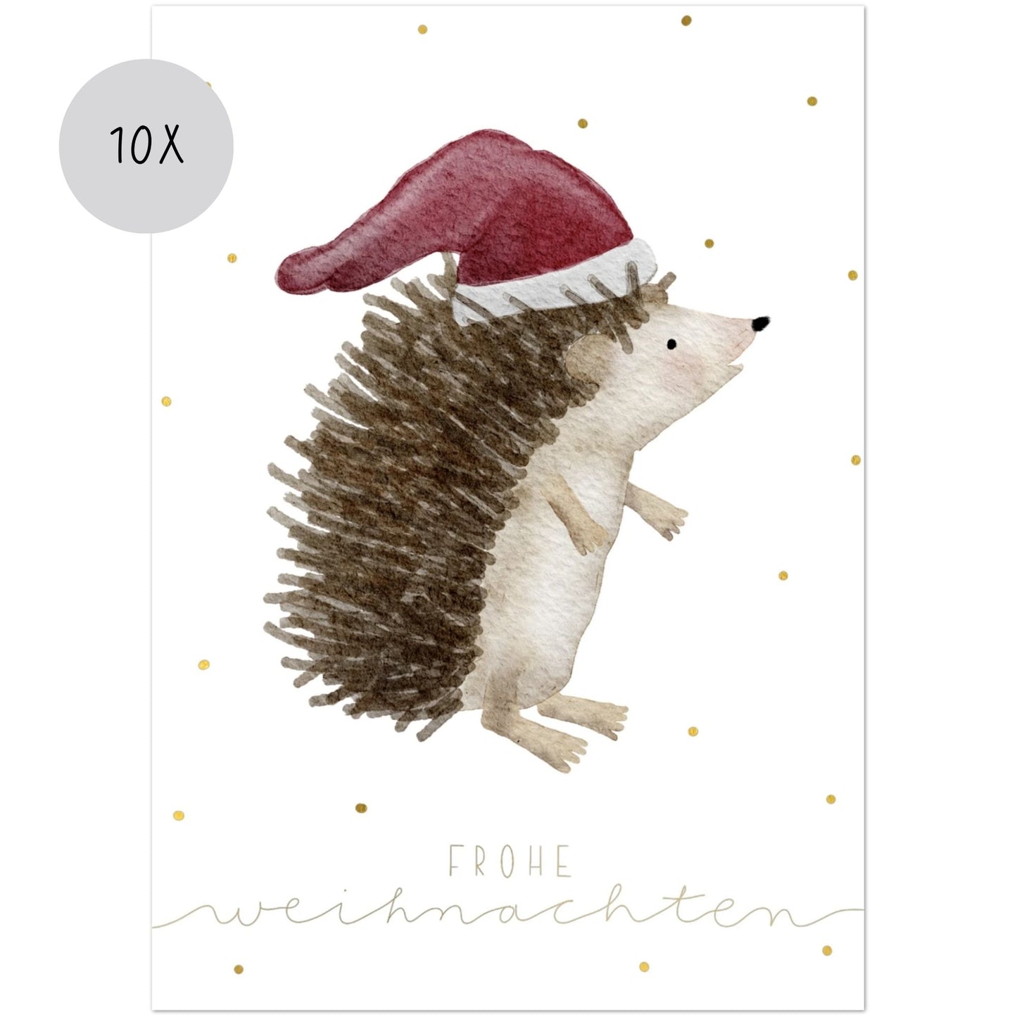Weihnachtskarten Set 10 Stück  – Igel mit Weihnachtsmütze | liebevoll illustrierte Grußkarten A5/A6 | Motiv „Frohe Weihnachten“