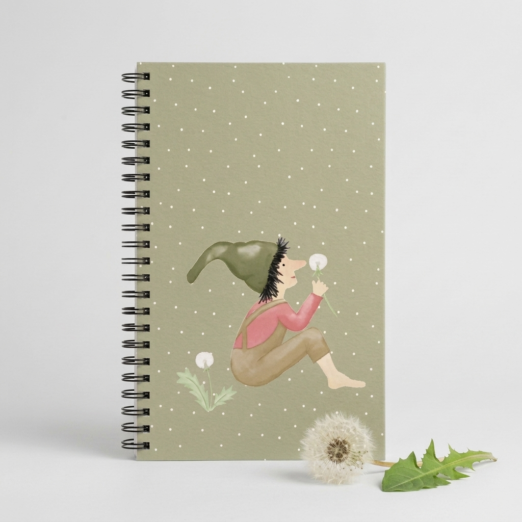 Grünes Notizbuch mit Pusteblumen-Zwerg und Spiralbindung