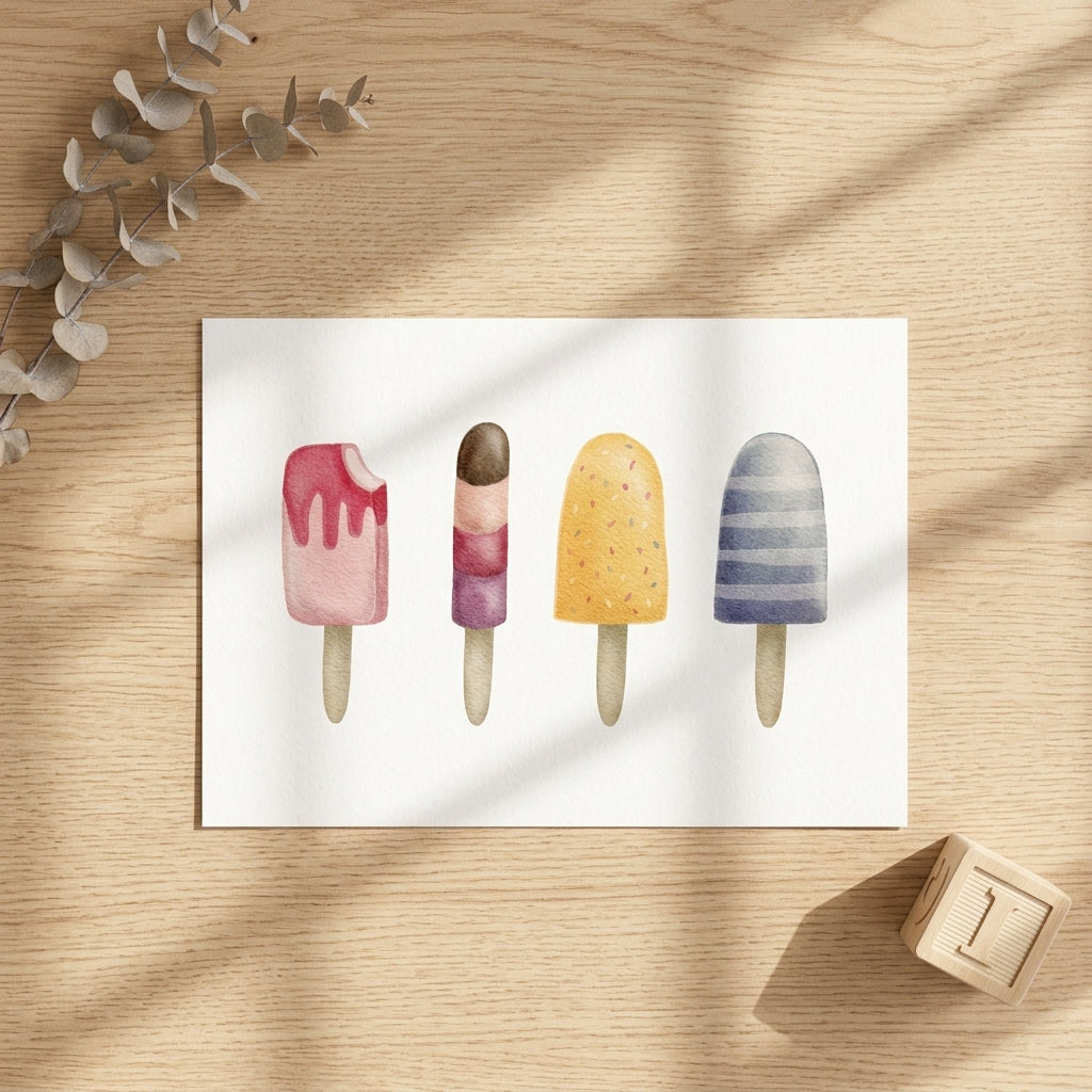 Grußkarte Eis am Stiel auf dem Tisch als kleiner Sommergruß