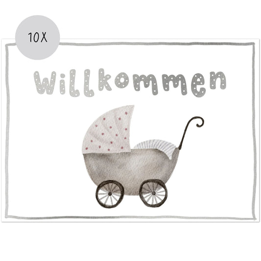 Grußkarten Set zur Geburt Willkommen mit Kinderwagen und Silberfolie