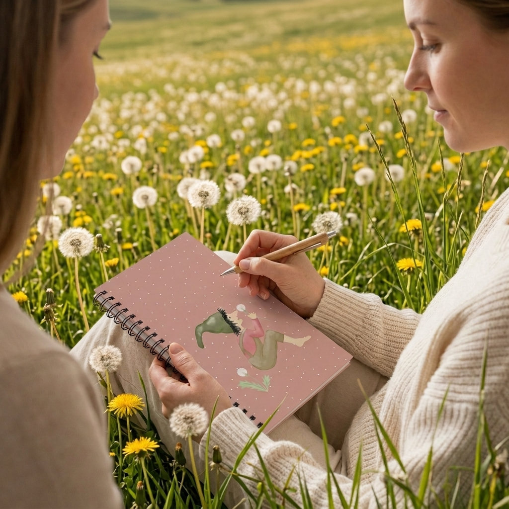 Hand hält altrosa Notizbuch mit Pusteblumen-Zwerg