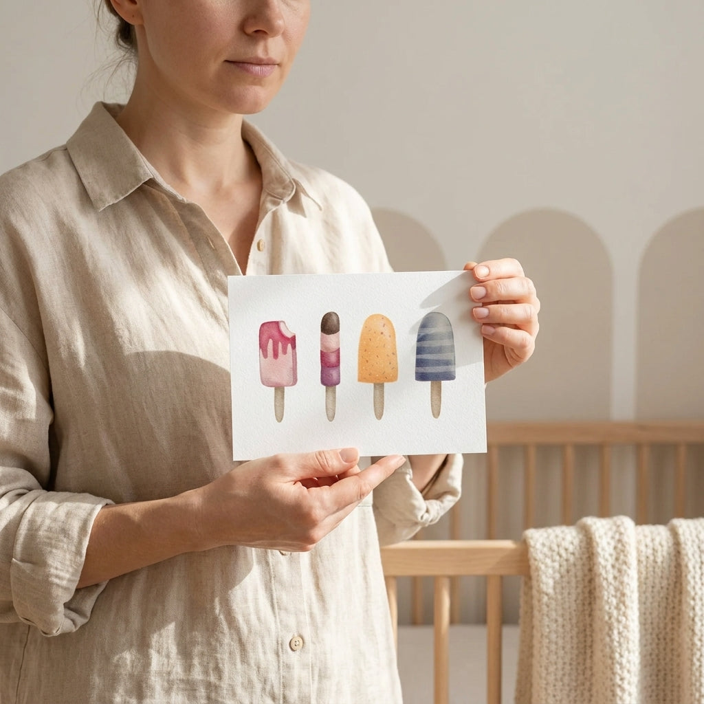 Hand hält Eis am Stiel Grußkarte als sommerlichen Papiergruß
