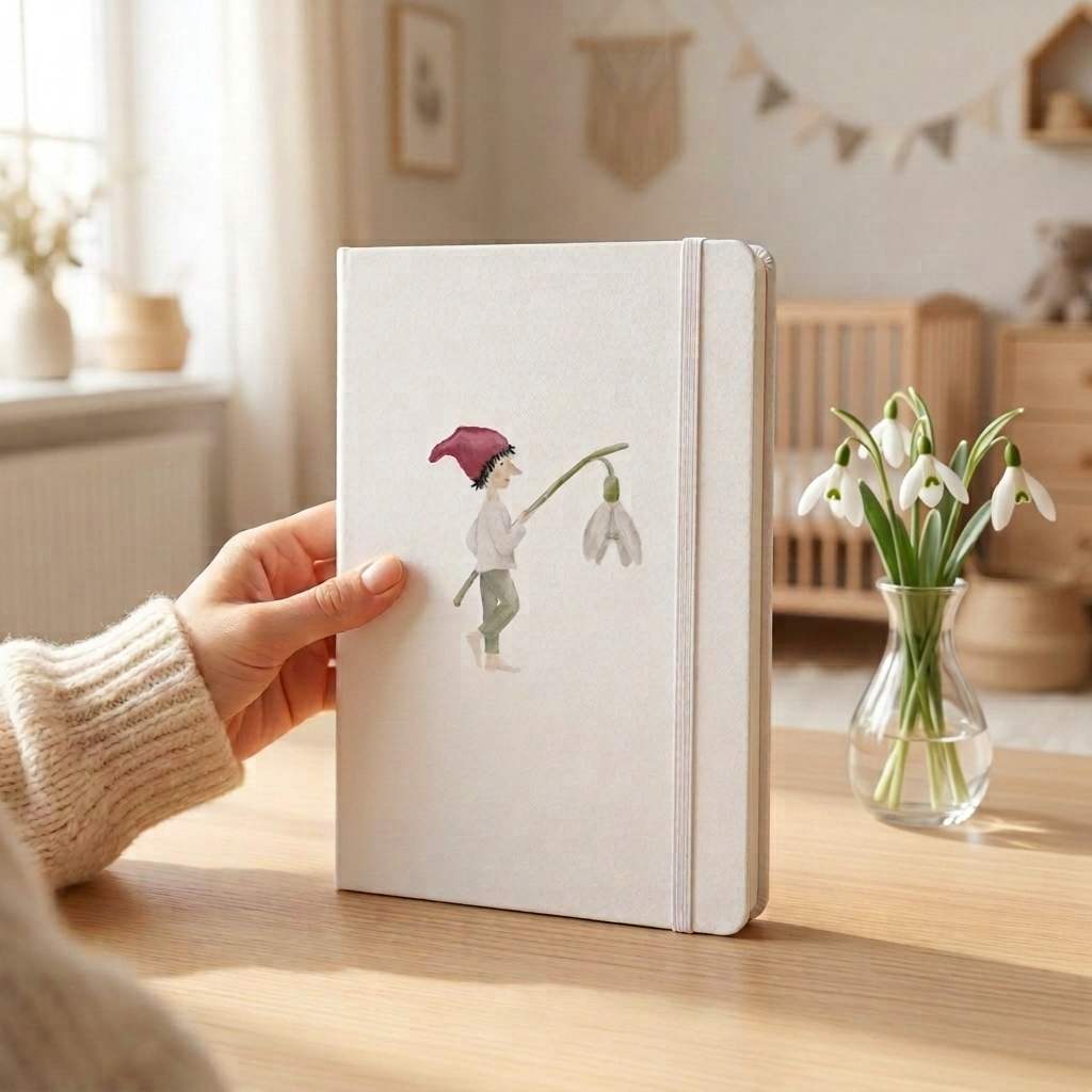 Hand hält Notizbuch Zwerg mit Schneeglöckchen-Laterne