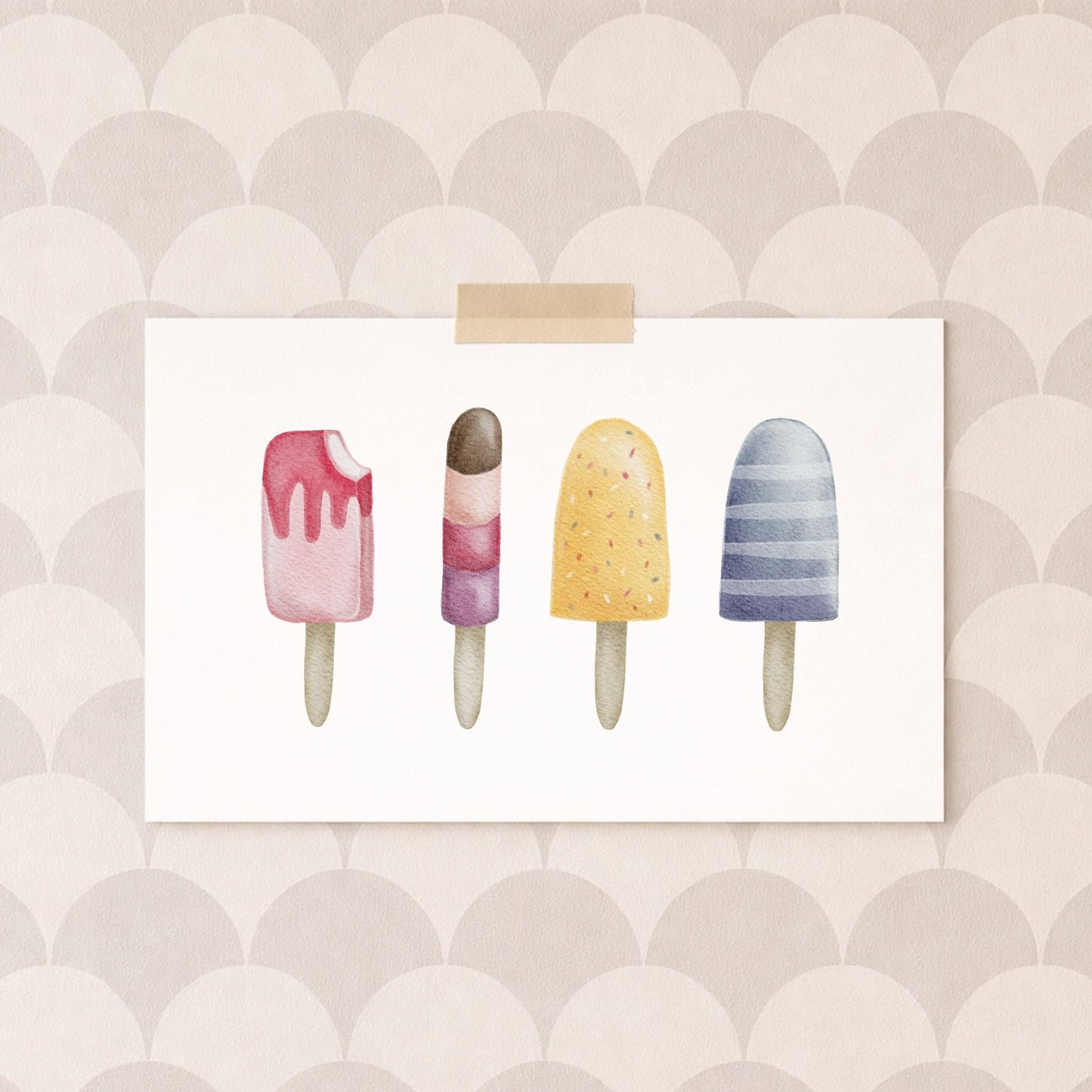 Handillustriertes Eis am Stiel Motiv mit sanften Aquarellfarben