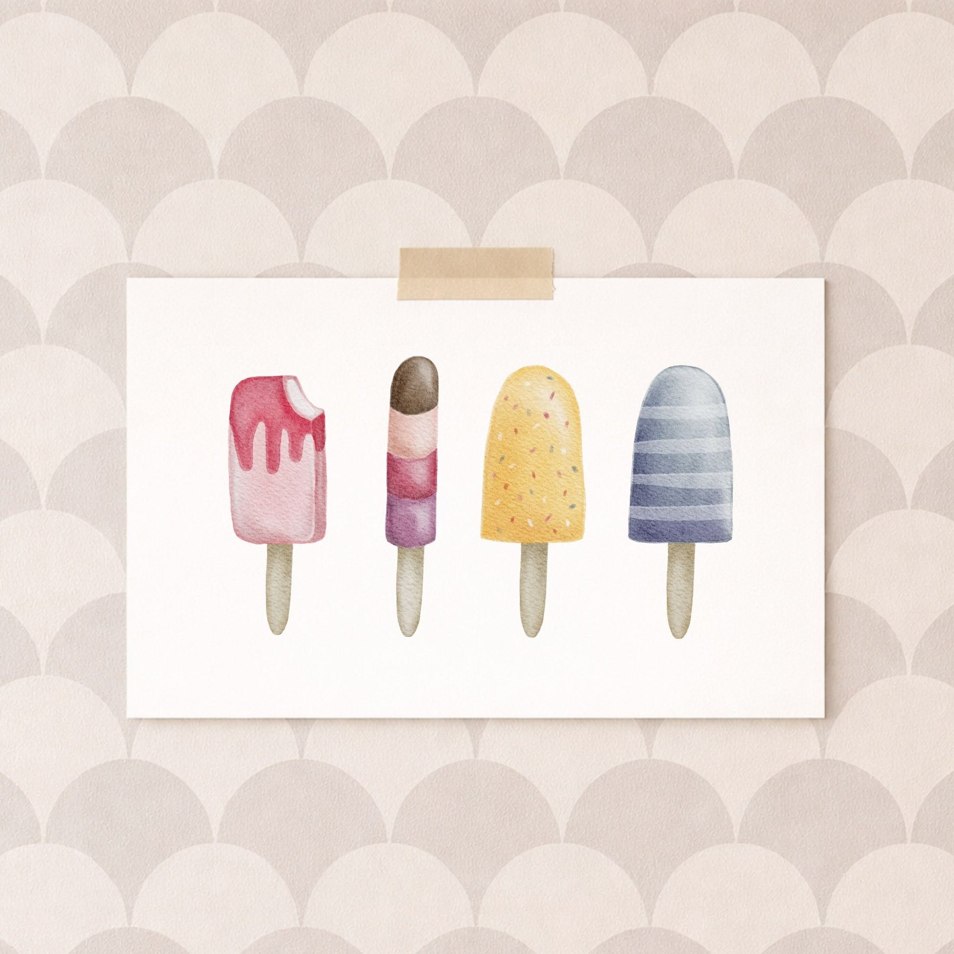 Handillustriertes Eis am Stiel Motiv mit sanften Aquarellfarben