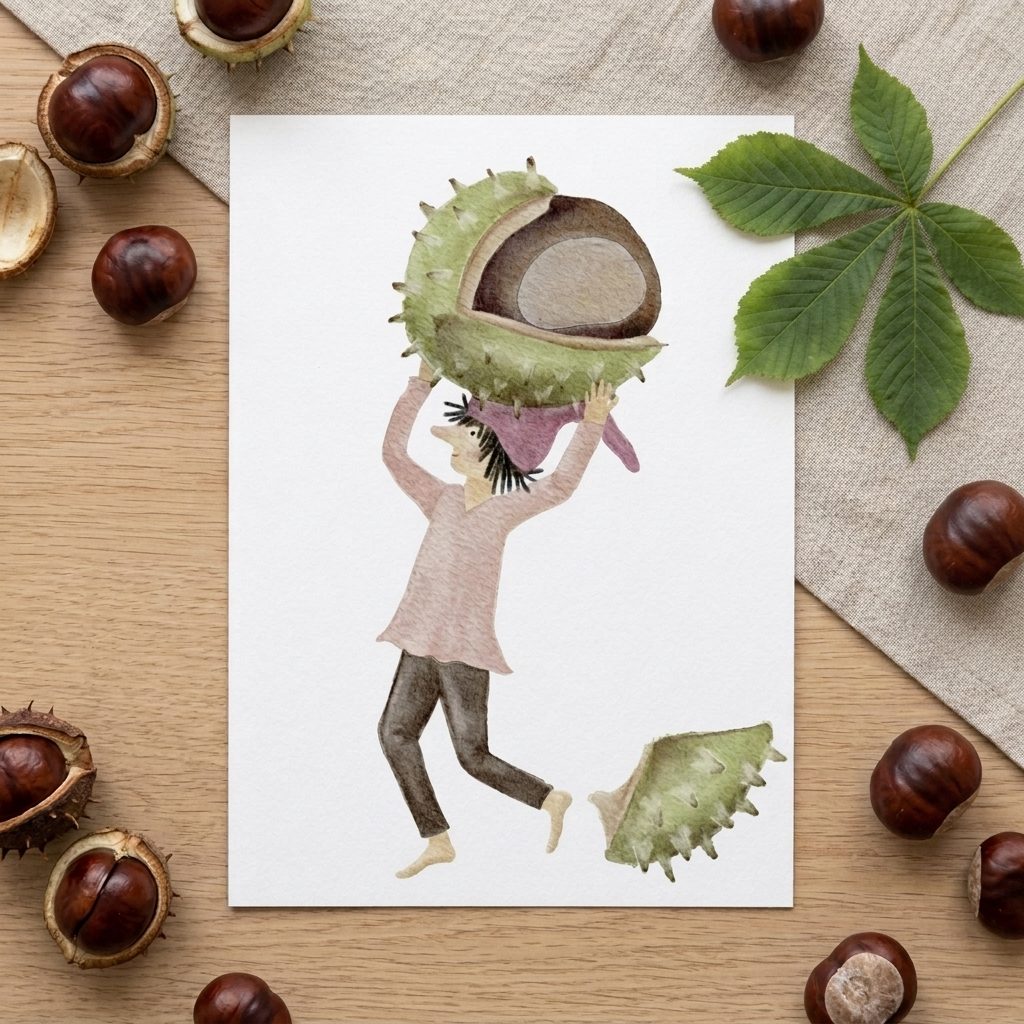 Herbstzwerg Grußkarte als Flatlay mit Kastanien und herbstlicher Papeterie