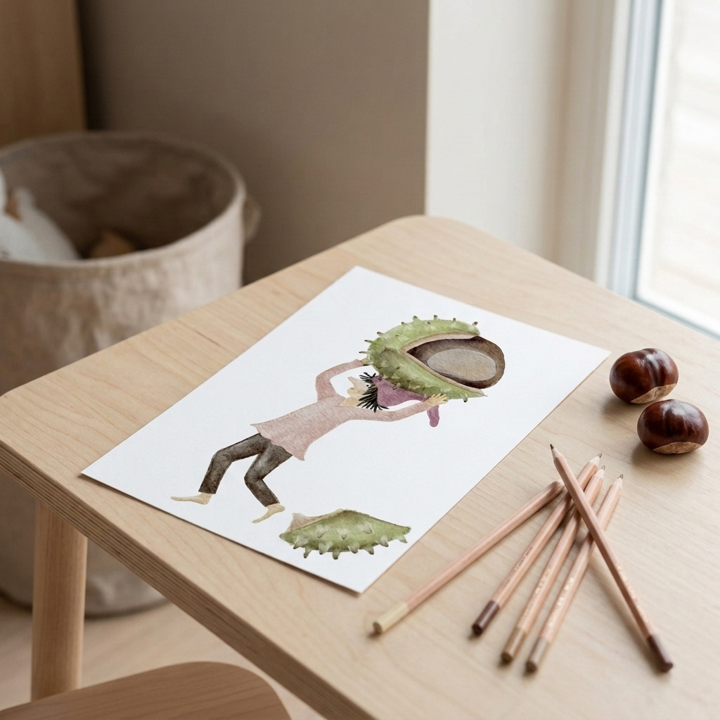 Herbstzwerg Karte auf dem Tisch mit kleinem Zwerg und großer Kastanie