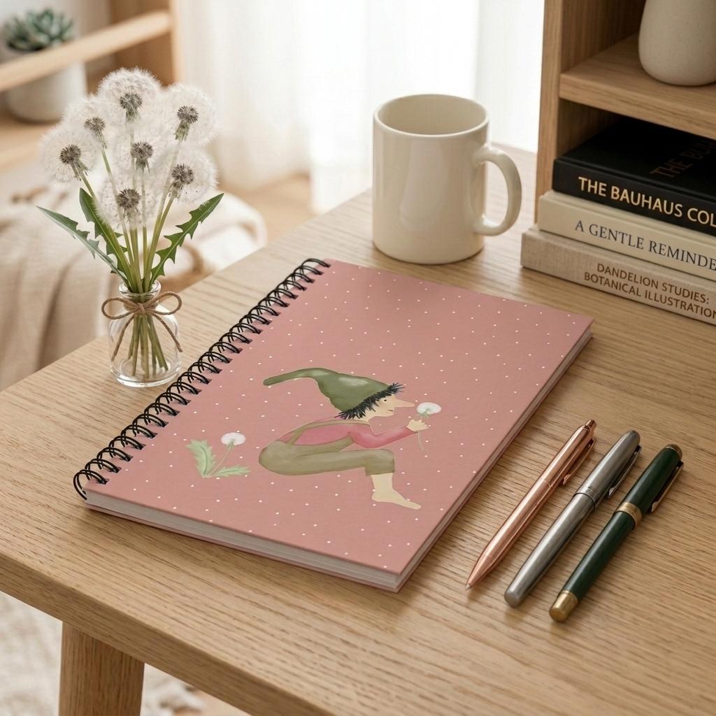 Notizbuch Pusteblumen-Zwerg als Flatlay mit Stift und Papeterie