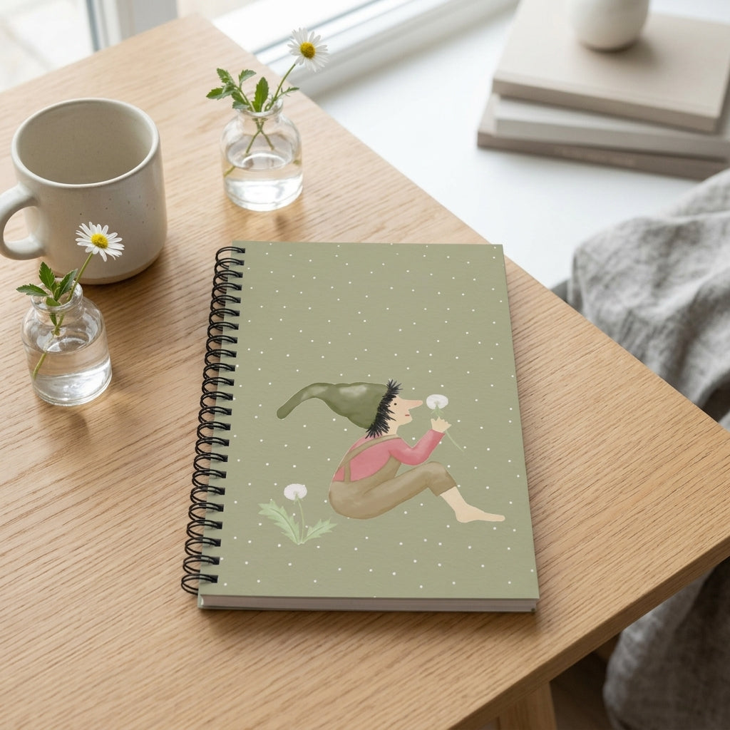 Notizbuch Pusteblumen-Zwerg olivgrün als liebevolle Geschenkidee