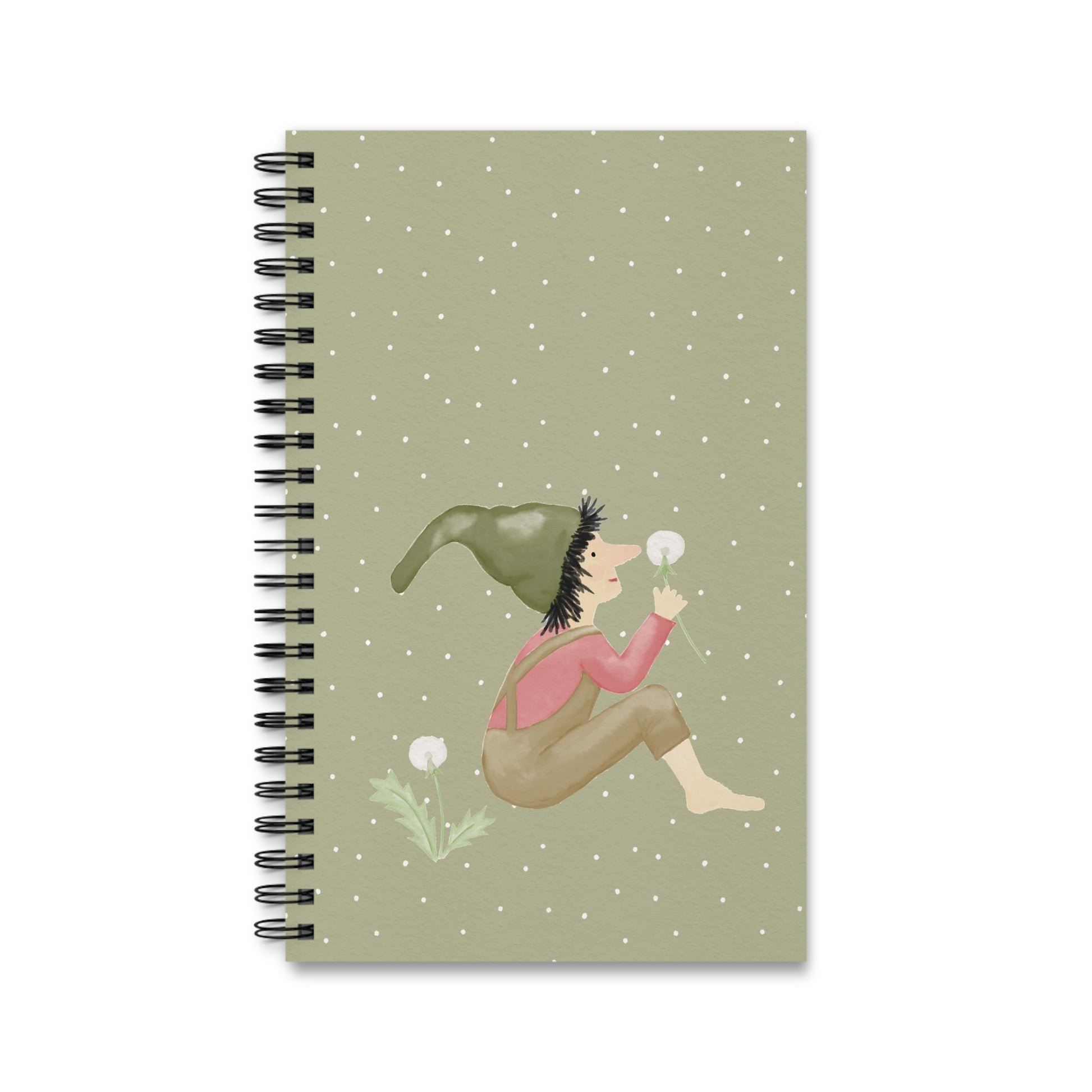 Notizbuch Pusteblumen-Zwerg olivgrün mit Pusteblumenmotiv