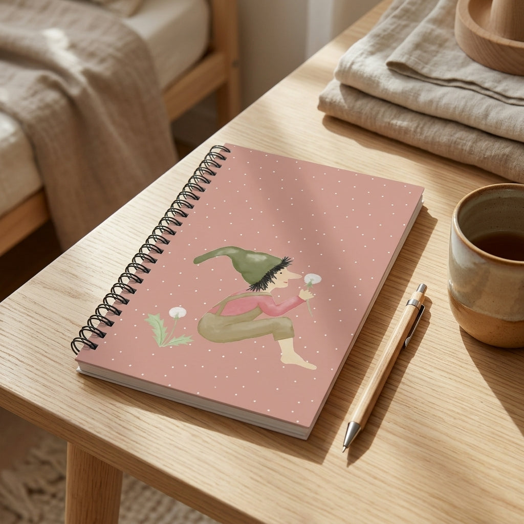 Notizbuch mit Zwergenmotiv und Pusteblume auf Tisch neben Kaffeetasse
