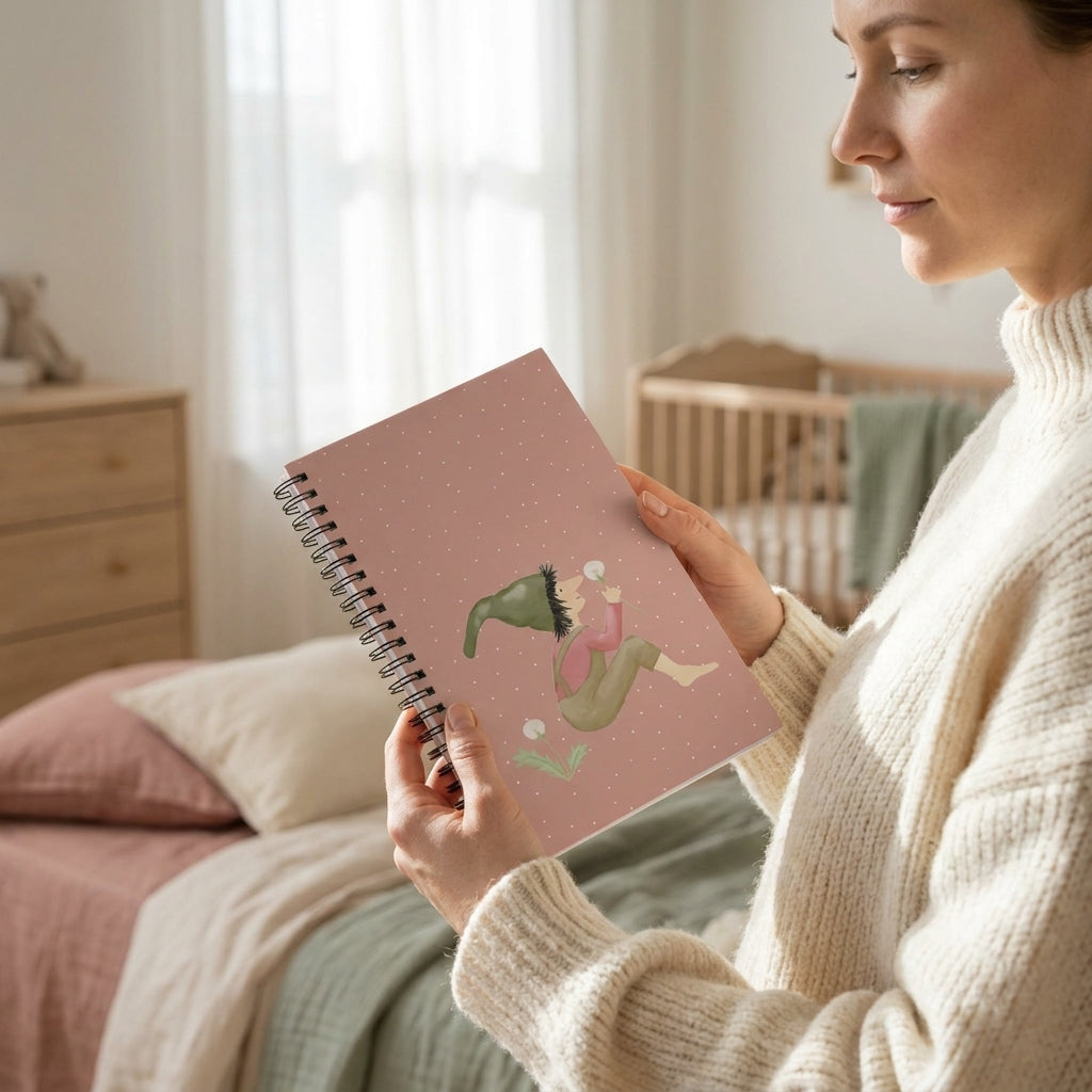 Notizbuch mit Zwergenmotiv und Pusteblume in der Hand im Kinderzimmer