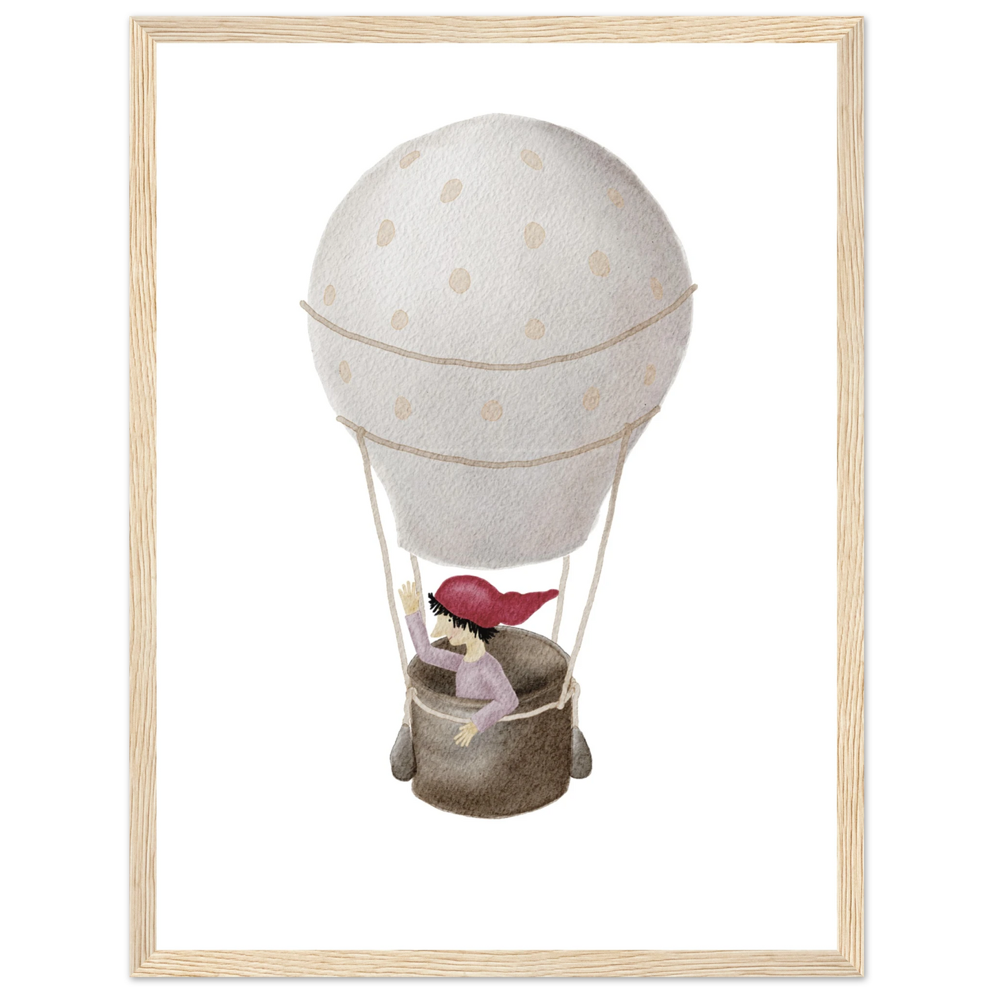 Poster Zwerg auf Ballonfahrt mit handillustriertem Heißluftballon