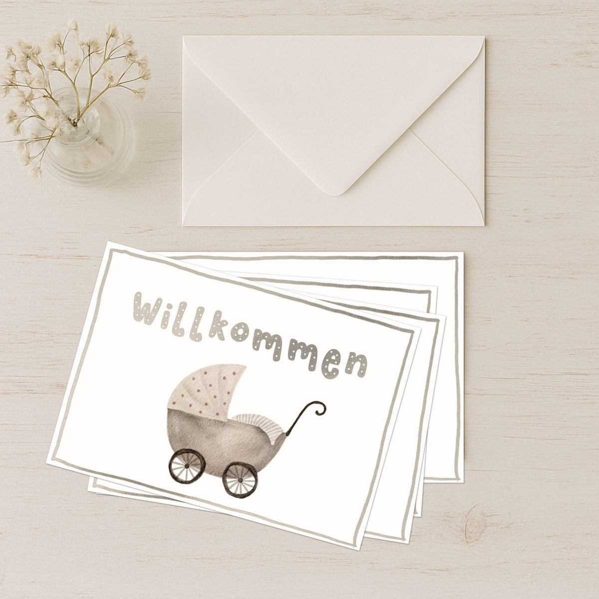 Postkarten Set zur Geburt mit Kinderwagenmotiv und Willkommen Schrift