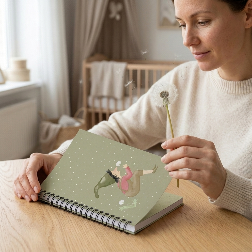 Olivgrünes Pusteblumen Notizbuch als Geschenkidee für Gedanken und Pläne