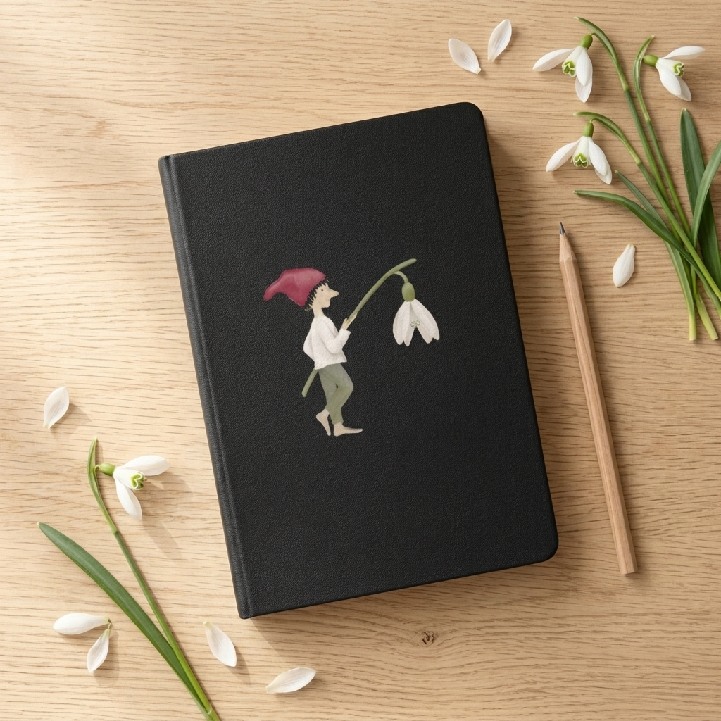 Schwarzes Hardcover Notizbuch mit Zwerg und Schneeglöckchen-Laterne