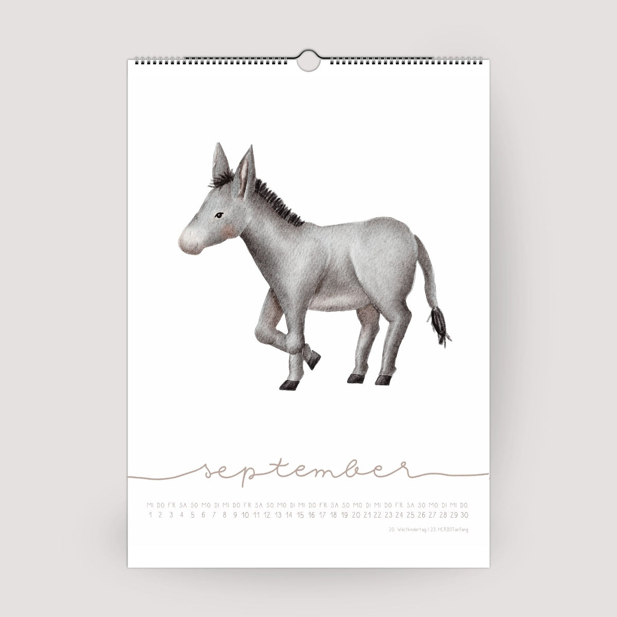 September Monatsblatt im Tierkalender 2027 mit handillustriertem Tiermotiv