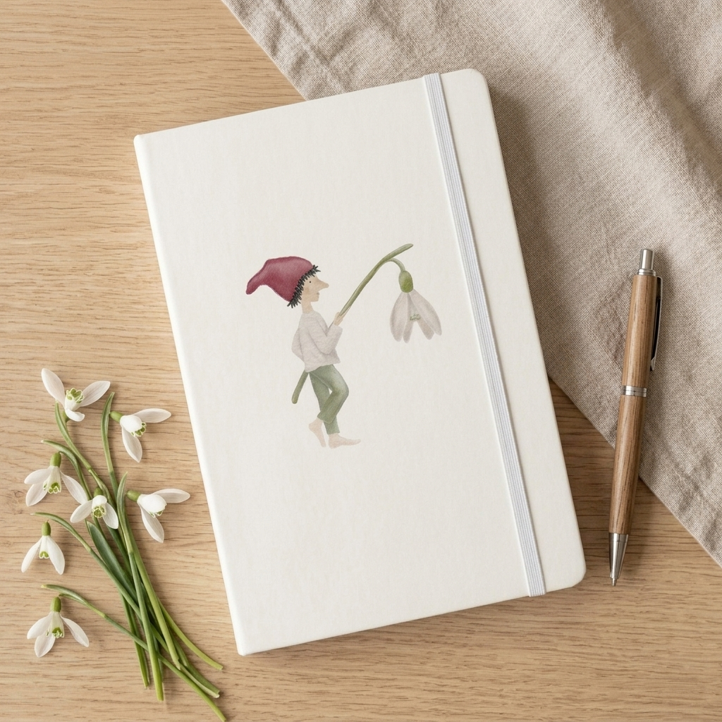 Weißes Hardcover Notizbuch mit Zwerg und Schneeglöckchen-Laterne
